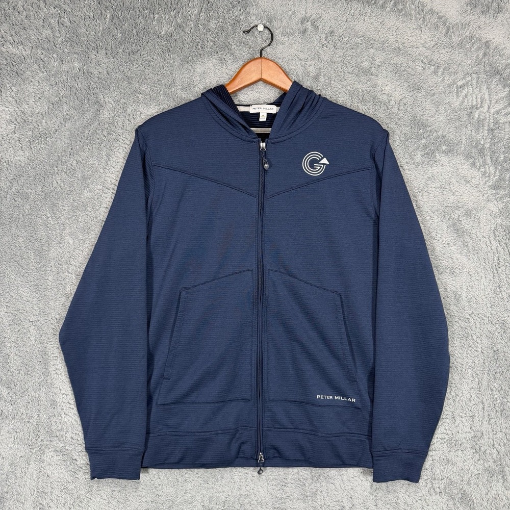 Peter Millar Beaumont Hoodie Mens M Blue Performance Full Zip Balsam Golf